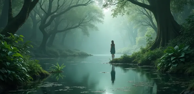 Beautiful forest, Water, light, humidity, fog, Nature , tranquillity. realistic. high definition. En el fondo mujer pensativa viendo su reflejo en el Water. ultra realistic. many details. 