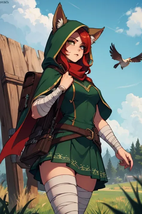 Grass, Sky, Field, League of Legends, 1girl, elf, druid, animal ears, bandage legs, long legs, bandage, bandage, bird legs, bird skull, cape, shut up, ears by headdress, eyes visible through hair, face drawings, feathers, hood, hooded cape, long hair, brow...