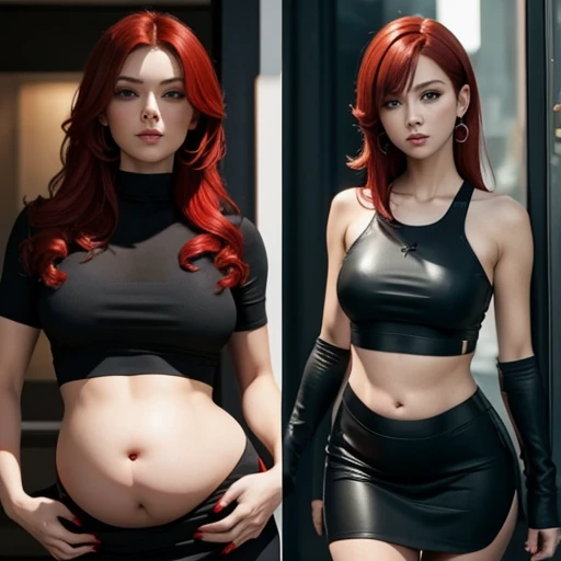 Sexy pregnant spy, red hair, black short skirt, tight black crop top, sexy pose, midriff 