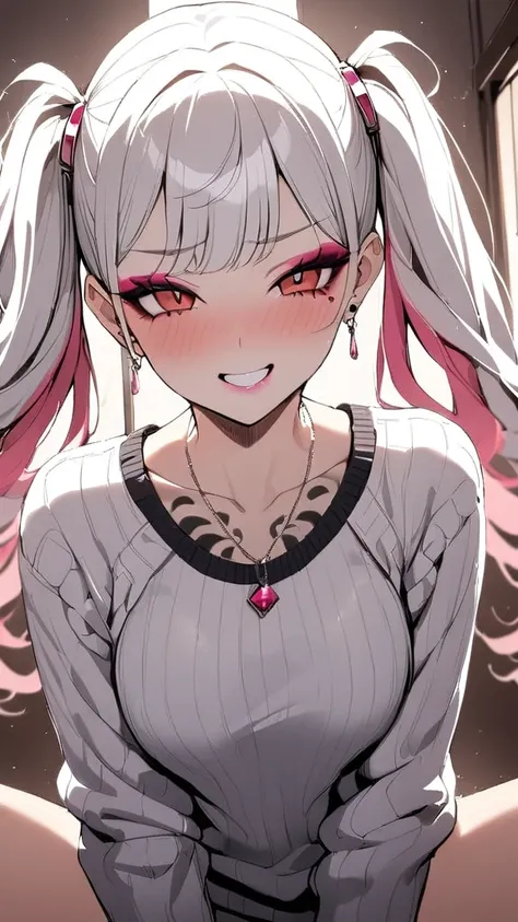 1girl, Holo-Punk Style, woman, masterpiece, white hair, best quality, indoors,shy, grin, messy twintails, makeup, dynamic pose, blush, black shirt, unzipped white sweater, blush, earrings, ruby necklace, breasts, lipstick, collarbone tattoo