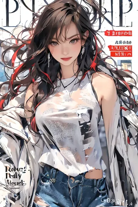 masterpiece, best quality, spring outfit, colorful hair, outdoor, magazine cover ,upper body,very long white hair, torn tank top, very short denim, medium breast, sexy pose, fullbody