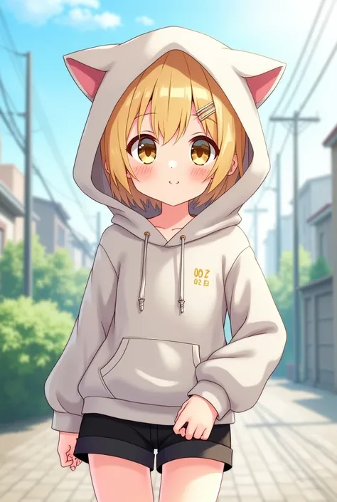 (masterpiece), (highest quality), (illustration), (super detailed), (high resolution), absurdity, one girl, (kagamine-rin), (vocaloid), smile, short hair, hair clip, (hoodie with cat ears), wearing a hoodie hat, moe sleeves, blush, black shorts, (blonde), ...