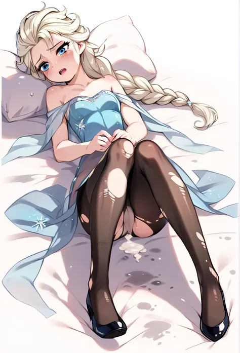 explicit content, score_9, score_8_up, score_7_up, score_6_up, score_5_up, score_4_up, rating_questionable, 1girl, elsa, sexy hips, she is lying with distended legs on a dirty bed:1.5, anatomically correct, high quality image, Focus full body, (( elsa wear...