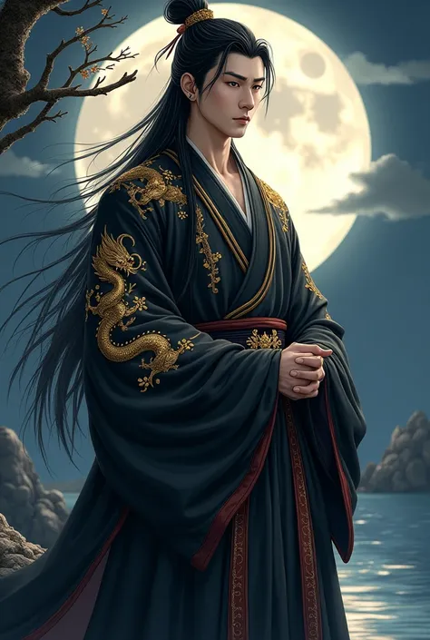 Masterpiece, best quality, outdoor, night, full moon, lakeside, branches, 1 man, mature man, Chinese style, ancient China, black hair, black eyes, forked hair, long hair, long bangs, handsome, handsome, masculine, gentle, tall, calm, black and gold mixed c...