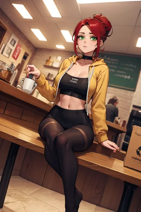 1 girl, Red hair, updo hairstyle, streaks of hair in face, green eyes, mascara, oversized hoodie, midriff, no pants, tights, laced tights, bags under eyes, sitting, legs spread apart, coffee shop, ground angle shot, viewer looking up, feet in tights, saggy...