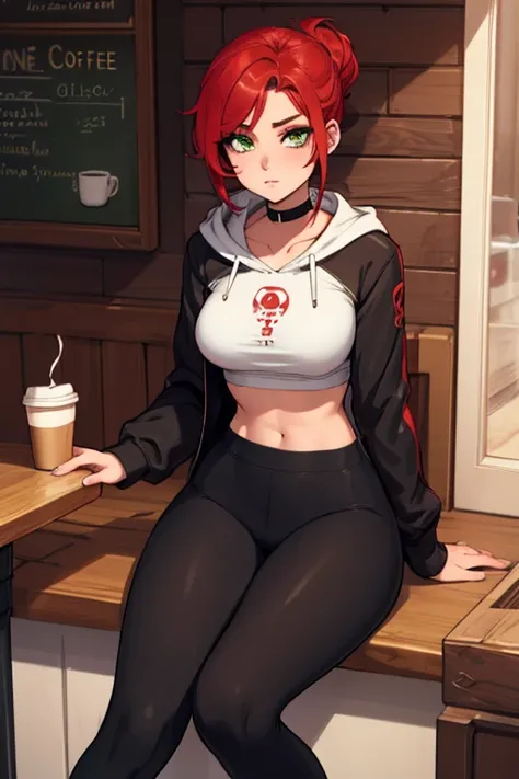 1 girl, Red hair, updo hairstyle, streaks of hair in face, green eyes, mascara, oversized hoodie, midriff, no pants, bags under eyes, sitting, legs spread apart, coffee shop, ground angle shot, viewer looking up, feet in tights, saggy tits, chocker, raw ph...