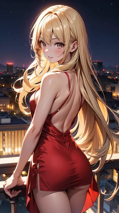 1girl, solo, bangs, long blonde hair, parted lips, medium breast, gold eyes, long hair, smile, solo, Womens red Satin Sleeveless Spaghetti Strap Mini Dress Sexy Slip Cowl Neck Silky Cocktail Party Dress, on the balcony, midnight cityscape background, walki...