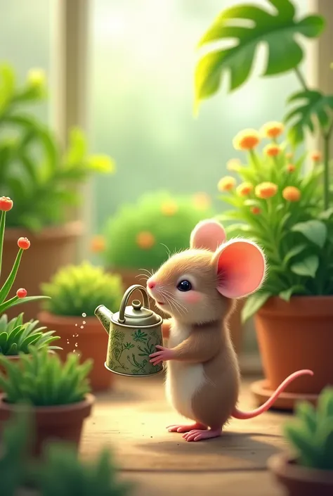 Mini 2D mouse watering the plants