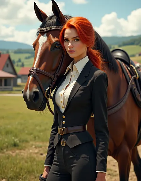 A red-haired woman in equestrian clothing and riding boots, she stands next to a horse. (detailed face), (realistic image). (background on a farm)