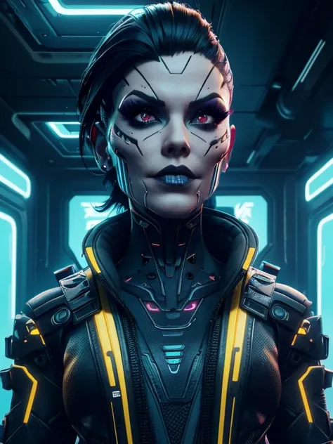 Villain, cyber skeleton face makeup!, sci fi mexican cyberpunk black hair woman, awoman with a cyber skeleton face makeup, cyber skeleton face makeup, with big mohawk, cybernetic face, Xtreme,  white shirt with golden, cyberpunk 2077 staircase background, ...