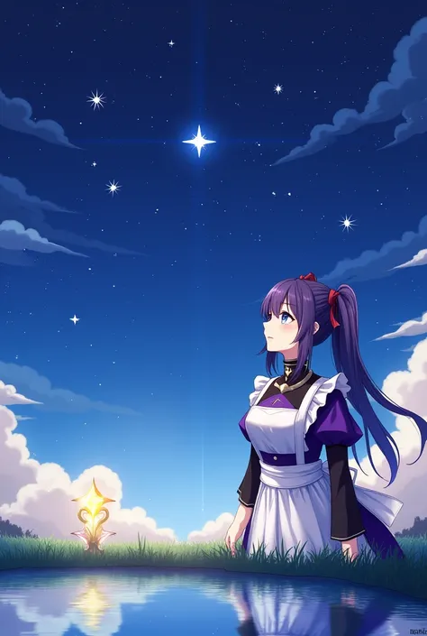 girl, located in the corner, looking at the sky, solo, Mona (Genshin Impact), choker, hair between eyes, star (symbol), long hair, dark purple hair, twintails, blue eyes, shining eyes, jewelry, witch, maid, bangs, purple black dress, purple skirt, white ap...