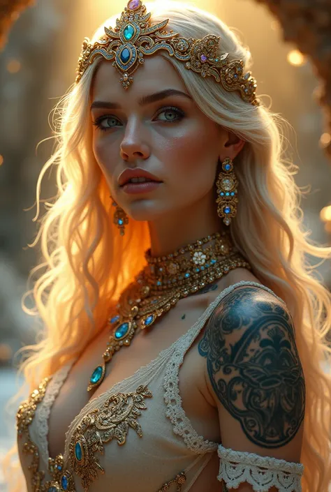 
Jewelry Ornaments, Fantastic headdresses with crown, intricate details, super realistic, diamonds, rubies, sapphires, emeralds, neck, arms, earrings, all very intricate, Originality, toma de full body, goddess with special qualities that allow her to chan...