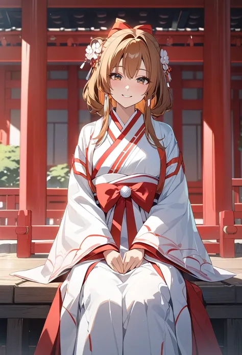 Anime Style, masterpiece of the highest quality, High resolution, One girl, Honoka, Shrine maiden, Hakama skirt, Sitting, shrine, smile 