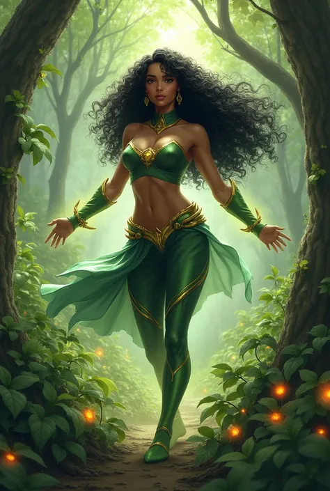 a superheroine who is a guardian of nature with long, curly black hair and medium breasts