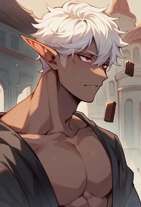 create an image of a red-eyed vampire elf with chocolate brown skin color and white hair, with the top background of a building(male character)