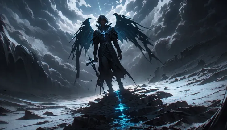 (masterpiece, best quality: 1.2), angel underground, broken wings, holding a blue silver crucifix, moonlight, ominous clouds, dark fantasy illustration style, dark arts, high contrast, dark shadows, atmospheric perspective , melancholic colors, cinematic c...