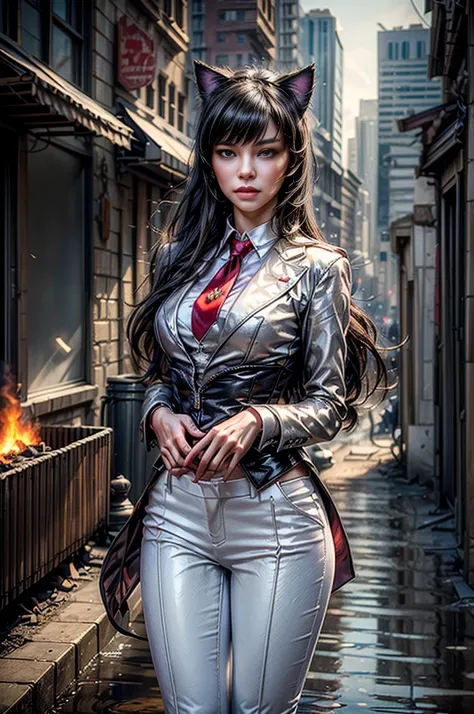 (masterpiece, best quality:1.2), cowboy shot, blake belladonna, cat ears, formal, white suit, red necktie, white pants, pointy footwear,, standing in city street, post apocalypse , buildings in ruins, rubble,  flames, burst water pipe, crowd, (masterpiece,...