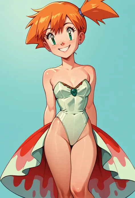 1girl, alone, misty \(pokemon\), side ponytail, g0ld33n skirt, green eyes, strapless white leotard, smile