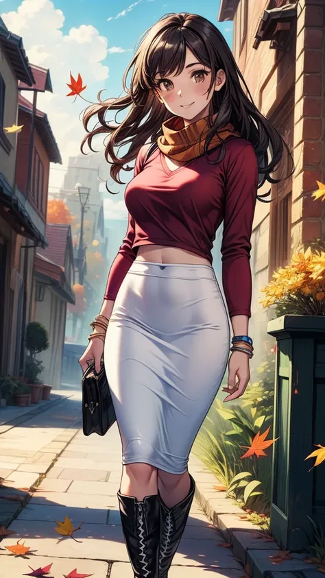 ((((masterpiece, best quality:1.8, high detail)))), beautiful woman, bright brown eyes, smile, solo focus, (((medium breasts))), long wavy hair, ((dark hair)), ((red t-shirt v neck long sleeves)), casual shirt, white ((scarf)), ((black midi pencil ((skirt)...