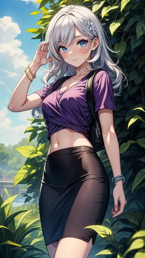 ((((masterpiece, best quality:1.8, high detail)))), ((1girl)), ((beautiful)) girl waving, bright blue eyes, nervous smile, solo focus, (((small breasts))), long wavy hair, ((white hair)), purple flower hairpin, ((purple t-shirt v neck short sleeves)), casu...