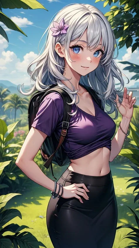 ((((masterpiece, best quality:1.8, high detail)))), ((1girl)), ((beautiful)) girl waving, bright blue eyes, nervous smile, solo focus, (((small breasts))), long wavy hair, ((white hair)), purple flower hairpin, ((purple t-shirt v neck short sleeves)), casu...