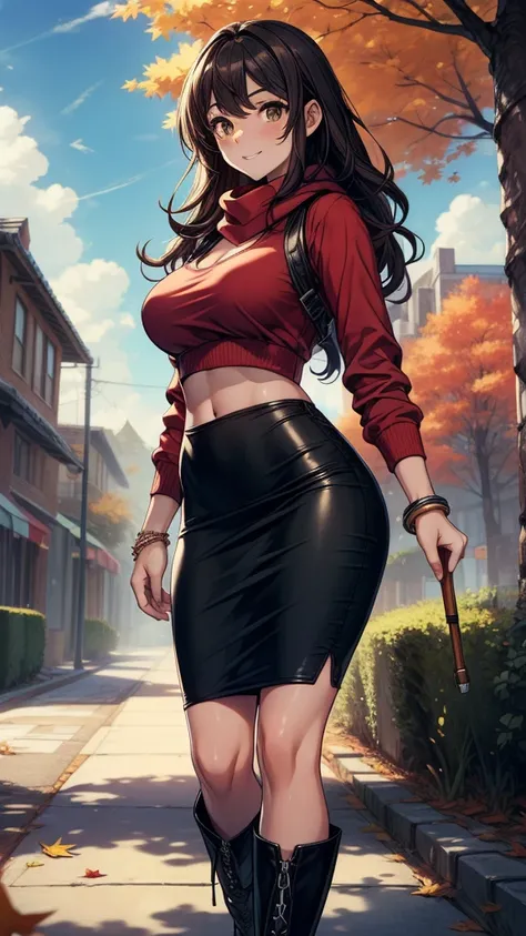 ((((masterpiece, best quality:1.8, high detail)))), beautiful woman, bright brown eyes, smile, solo focus, (((medium breasts))), long wavy hair, ((dark hair)), ((red t-shirt v neck long sleeves)), casual shirt, white ((scarf)), ((black midi pencil ((skirt)...