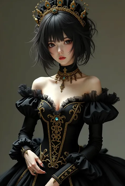 Sumire Kakei dressed as a bride, the dress is black and gold, very sexy