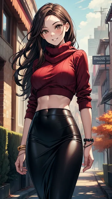 ((((masterpiece, best quality:1.8, high detail)))), beautiful woman, bright brown eyes, smile, solo focus, (((medium breasts))), long wavy hair, ((dark hair)), ((red sweater)), white ((scarf)), (black midi pencil ((skirt))), ((long skirt)), tight clothes, ...