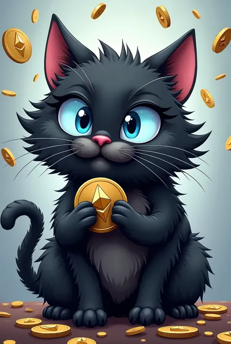 I want a black cartoon cat with these specifications:Be very mischievous and playful, be happy, be very hairy, have big and special mustaches, have big blue laser eyes that are bright and piercing, and have ethereum coins in their hands, have a business pe...