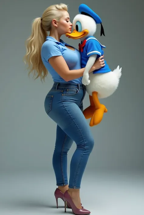 dove cameron carried and kissed donald duck on the lips. dove cameron is wearing blue polo, blue high heels, and skinny blue jea...