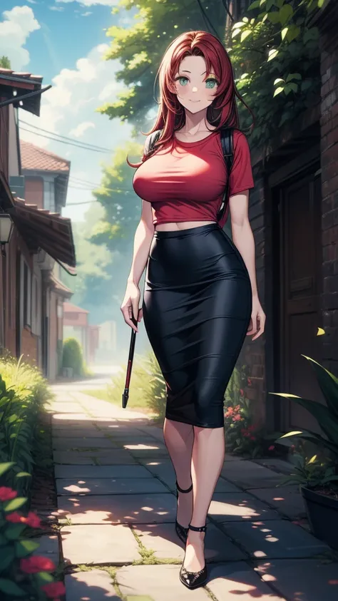 ((((masterpiece, best quality:1.8, high detail)))), ((1girl)), (beautiful woman), smile, bright green eyes, solo focus, (((large breasts))), long hair, ((dark red hair)), ((pink t-shirt fitting size)), ((black midi pencil ((skirt)))), (((long black skirt))...