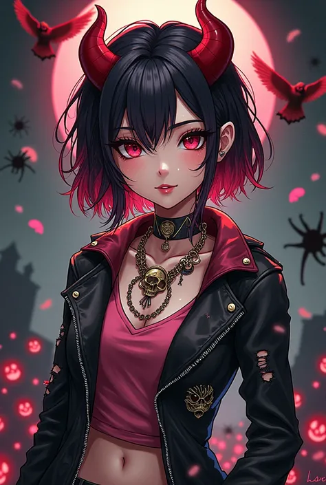 Anime cute girl, devilish smirk, cartoonish style, comic book style, 4k graphics, textured skin, textured clothes, Halloween style, skulls, rebel, gothic, torn ripped clothes , demon, punk rock, tattoos and piercings, badass, messy hair, black and pink hai...