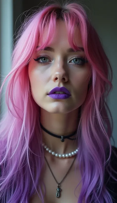 A young woman, alone, Long hair, fringe, jewelry, pink hair, Purple hair</input></xml>, choker, collar, Lips, make-up, lipstick, portrait, Lips morados, pearl necklace