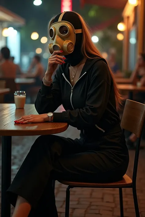 front view of Head, hair, ears and face completely hidden by beige gas mask with 2 dark lenses, gas mask attached to air tank beside her by flexible breathing tube (hose), faceless and hairless, hair covered by the mask and black balaclava under gas mask, ...