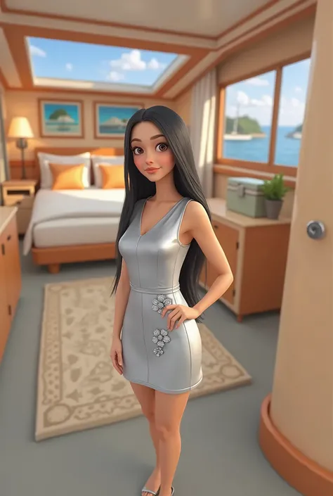 Woman 30, long straight black hair, wearing silver short over the knee shift sleeveless dress with 2 silver flowers of same fabric on the hip at one side of the dress, high heel sandals. At sea cruise bedroom. Show luggage in the background. Pixar cartoon