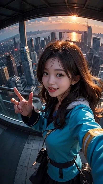 One person, Korean, Fisheye Lens, Selfie, wind, Messy Hair, sunset, Cityscape, (Aesthetics and atmosphere:1.2),smile