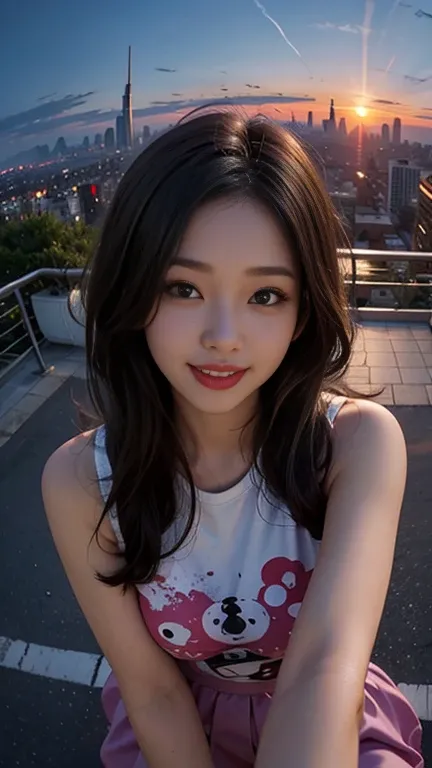 One person, Korean, Fisheye Lens, Selfie, wind, Messy Hair, sunset, Cityscape, (Aesthetics and atmosphere:1.2),smile