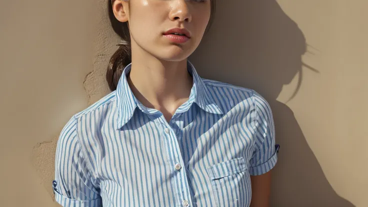 1girl, calm, closed mouth, collared white and blue stripes shirt,, 