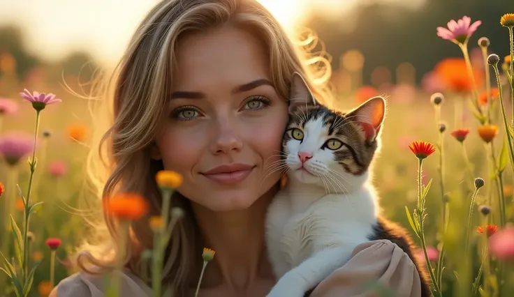 a woman with a cat in the field, beautiful detailed eyes, beautiful detailed lips, extremely detailed eyes and face, longeyelashes, beautiful woman, peaceful expression, sitting in a field of flowers, sunlight dappled field, lush green grass, colorful wild...