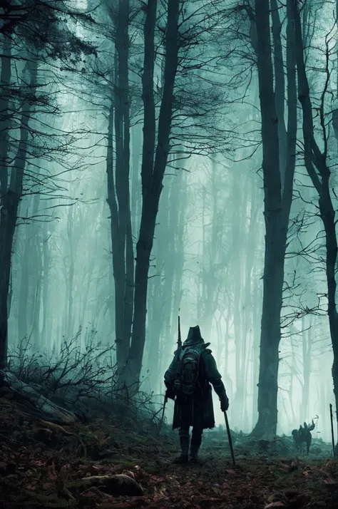 Survival horror, Grim and Forbidden fables, (fantastical folklore), Lovecraftian horror: A silence that hungers, Haunted Woods A lone man eerily strolling through spooky datk woods, an atmospheric narrative that evokes tension, fear, and psychological terr...