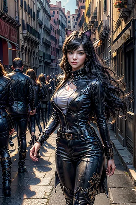 (masterpiece, best quality:1.2), cowboy shot, blake belladonna, cat ears, wearing combat jacket, combat pants, boots, walking in city street, Venice, Italy, river, crowd (masterpiece,stunning girlfriend, heart shaped face, elegant face, beautiful face, hig...