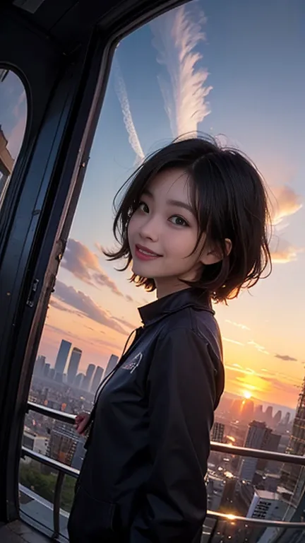 One person, Korean, Fisheye Lens, Selfie, wind, Messy Hair, sunset, Cityscape, (Aesthetics and atmosphere:1.2),smile