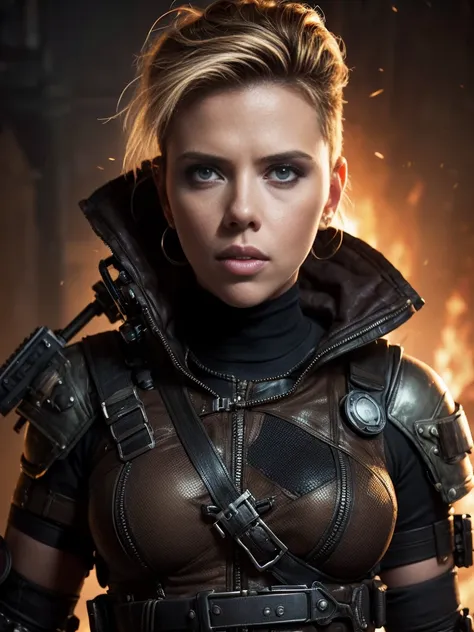 Close up portrait 1 young woman ,science fiction, complex background  punk, mad max , futuristic, post-apocalyptic, dark, dim light, ((masterpiece, best quality, )),Scarlett Johansson,looking at viewer