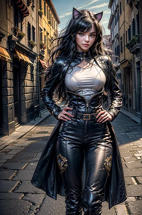 (masterpiece, best quality:1.2), cowboy shot, blake belladonna, cat ears, hands on hips, wearing combat jacket, combat pants, boots, walking in street, Venice, Italy, river, crowd (masterpiece,stunning girlfriend, heart shaped face, elegant face, beautiful...