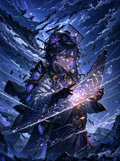 [(white background:1.5)::5] hexagon,(detailed face:1.2),smile,chinese style,immortal demeanor, long-haired man, peaks, deep ravines, stars, turbulent winds, soaring dragons, cross-shaped sword, purple clouds, giant birds, portal, smoke, flames, mystical ru...