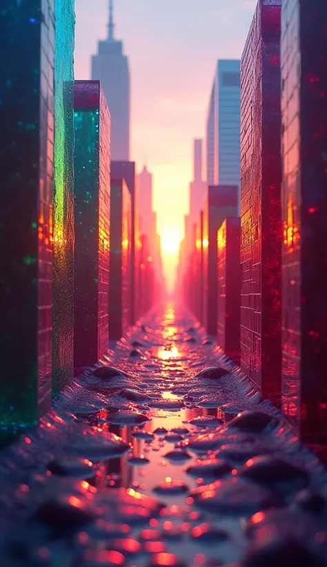 Jellyscraper City: A Wobbly Skyline is a captivating composition that reimagines a cityscape, such as Times Square, with towering skyscrapers made entirely of colorful, translucent jello. The familiar architecture of the city is replaced with shimmering, w...