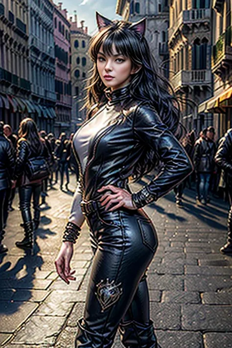 (masterpiece, best quality:1.2), cowboy shot, blake belladonna, cat ears, hand on hip, wearing combat jacket, combat pants, boots, walking in street, Venice, Italy, river, crowd (masterpiece,stunning girlfriend, heart shaped face, elegant face, beautiful f...