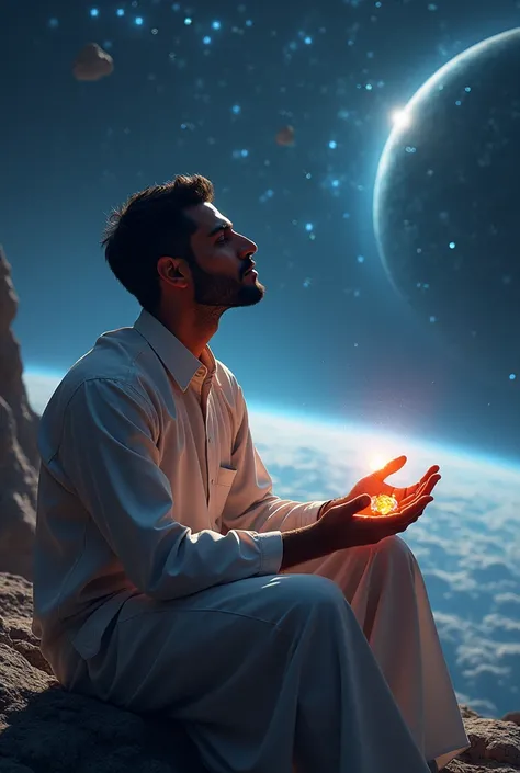 Draw a arab young programmer, sitting on a research platform floating in the middle of an asteroid belt. He is holding three diamond gems on hand. The young man looks confident and determined, looking at the vast and mysterious universe with wonder and res...