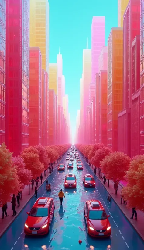 Jell-hattan: A Functioning Gelatin City is a vibrant, whimsical composition that presents a fully functional city with bustling transit and a diverse population—all set within a landscape where every building is constructed entirely from colorful, transluc...