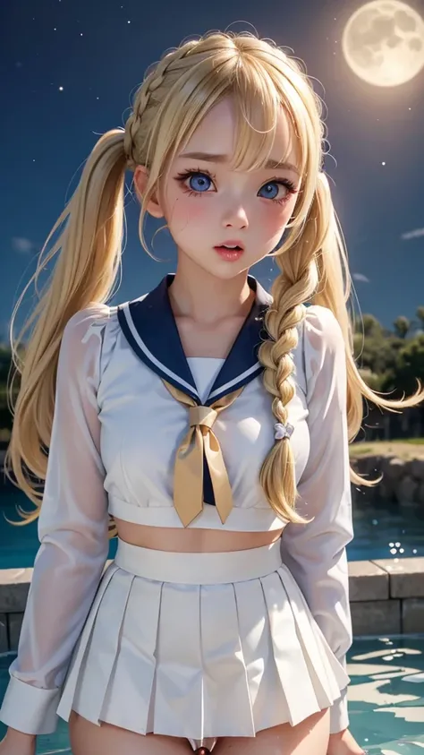 ((Highest quality)), ((masterpiece)), (detailed), braided high twintail, ((Blonde hair)), (highschool girl), (erect penis:1.2), Very Cute Eyes, False eyelashes, tilt head, (((Watery eye))), (cheek:1.3), (surprised:1.5), Glossy thick lips, shiny white skin,...